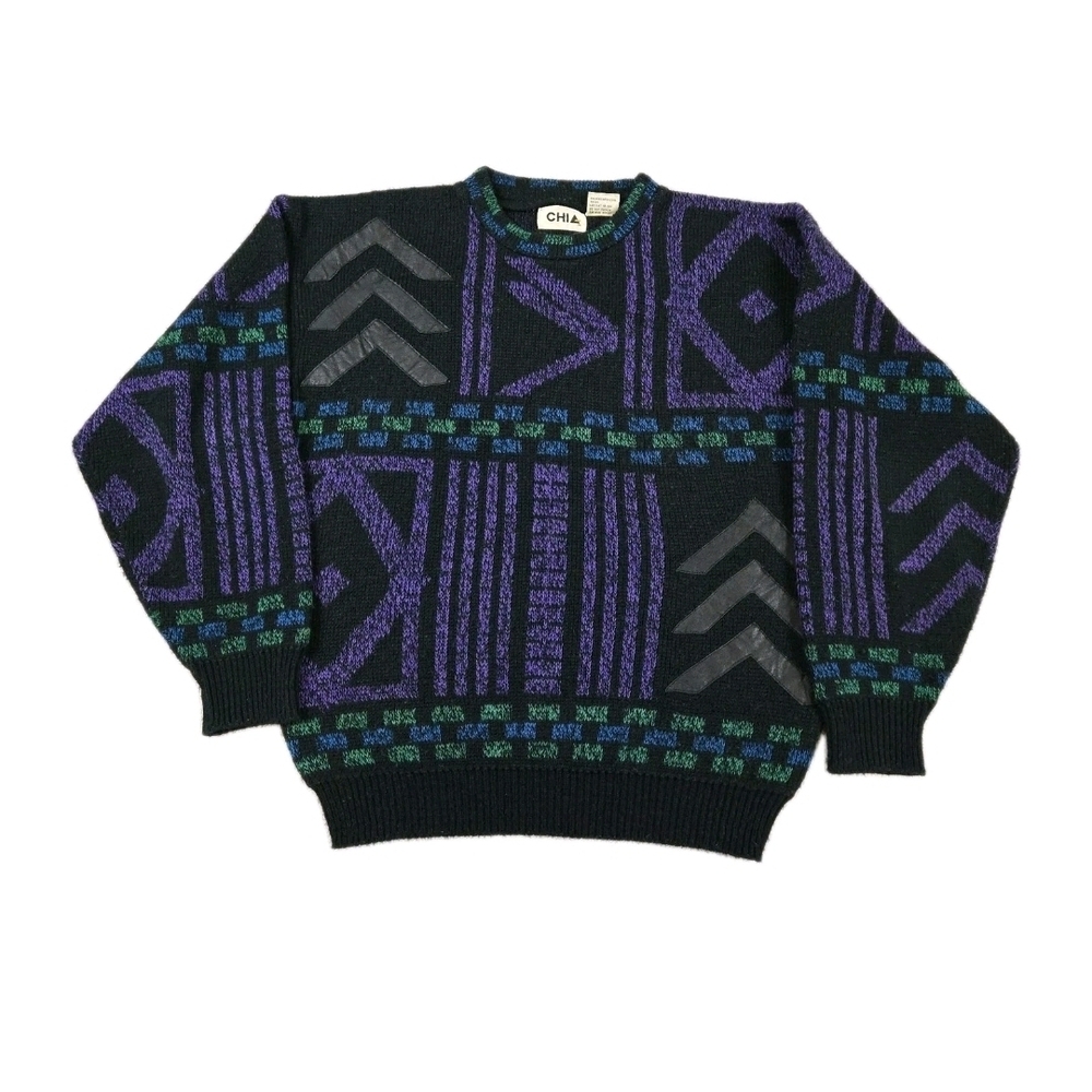 Vintage 80s Crewneck Sweater Knit Black Purple Blue Green Leather Grandpa